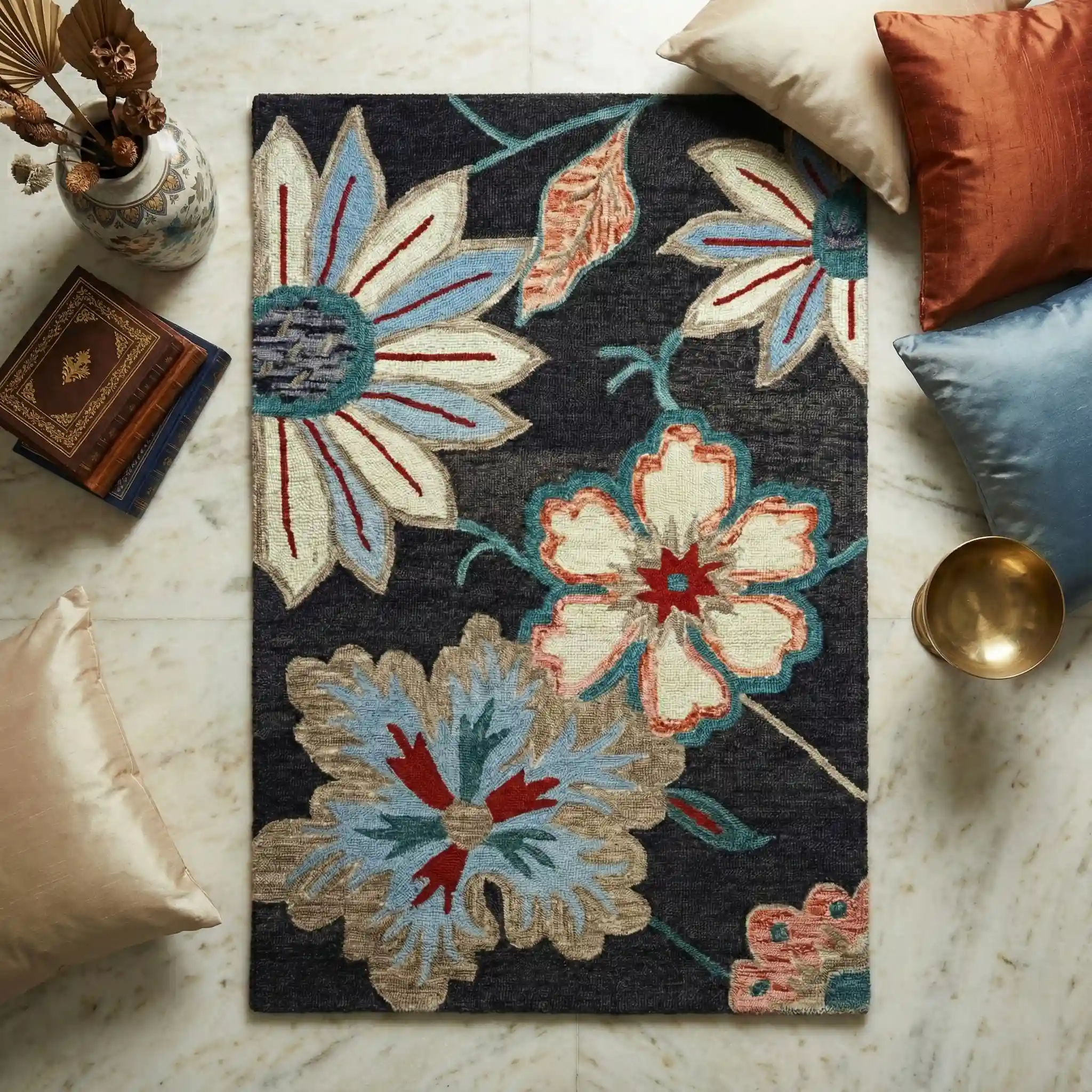 Charcoal Dark Floral woolen carpet