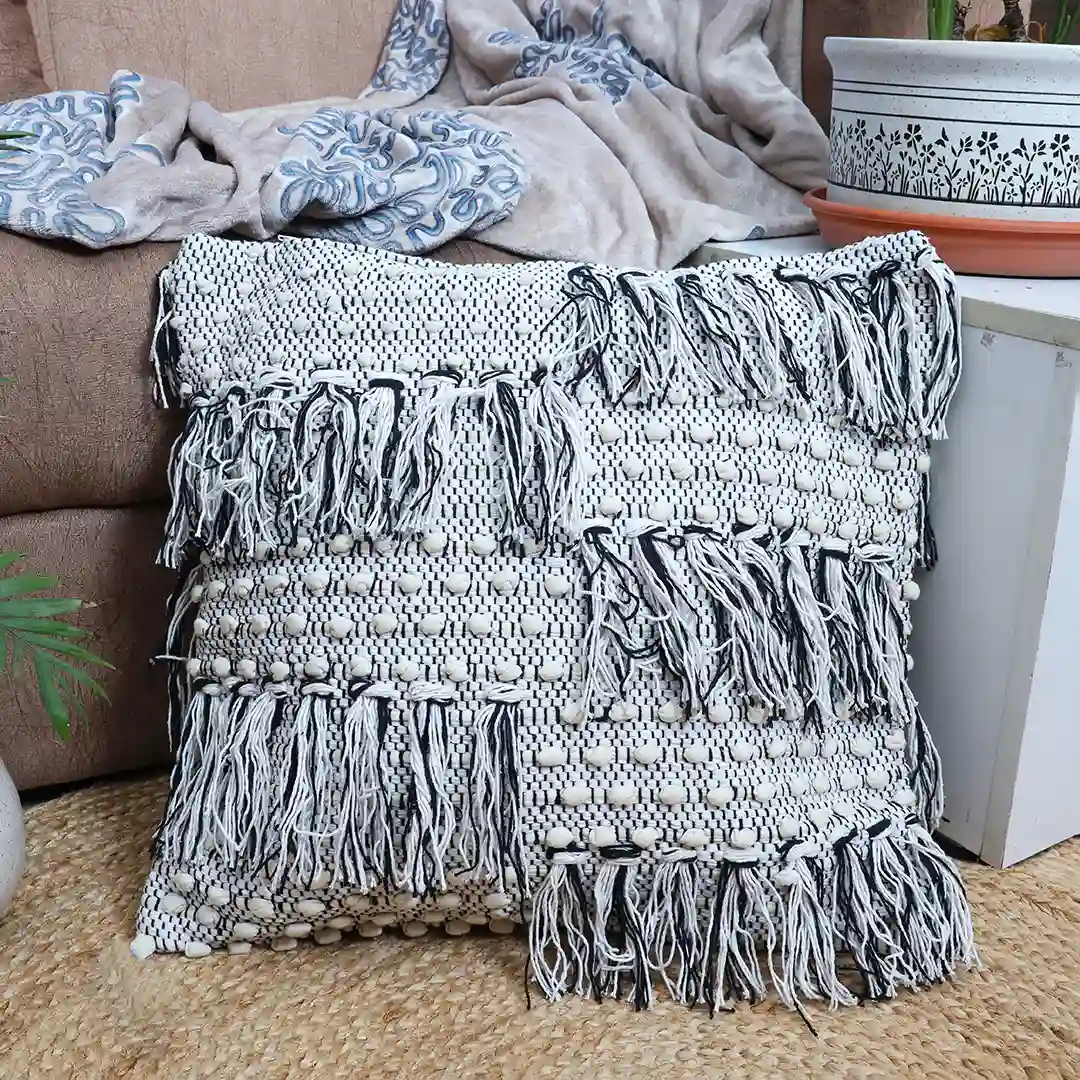 Monochrome Mixed Fringe Cushion