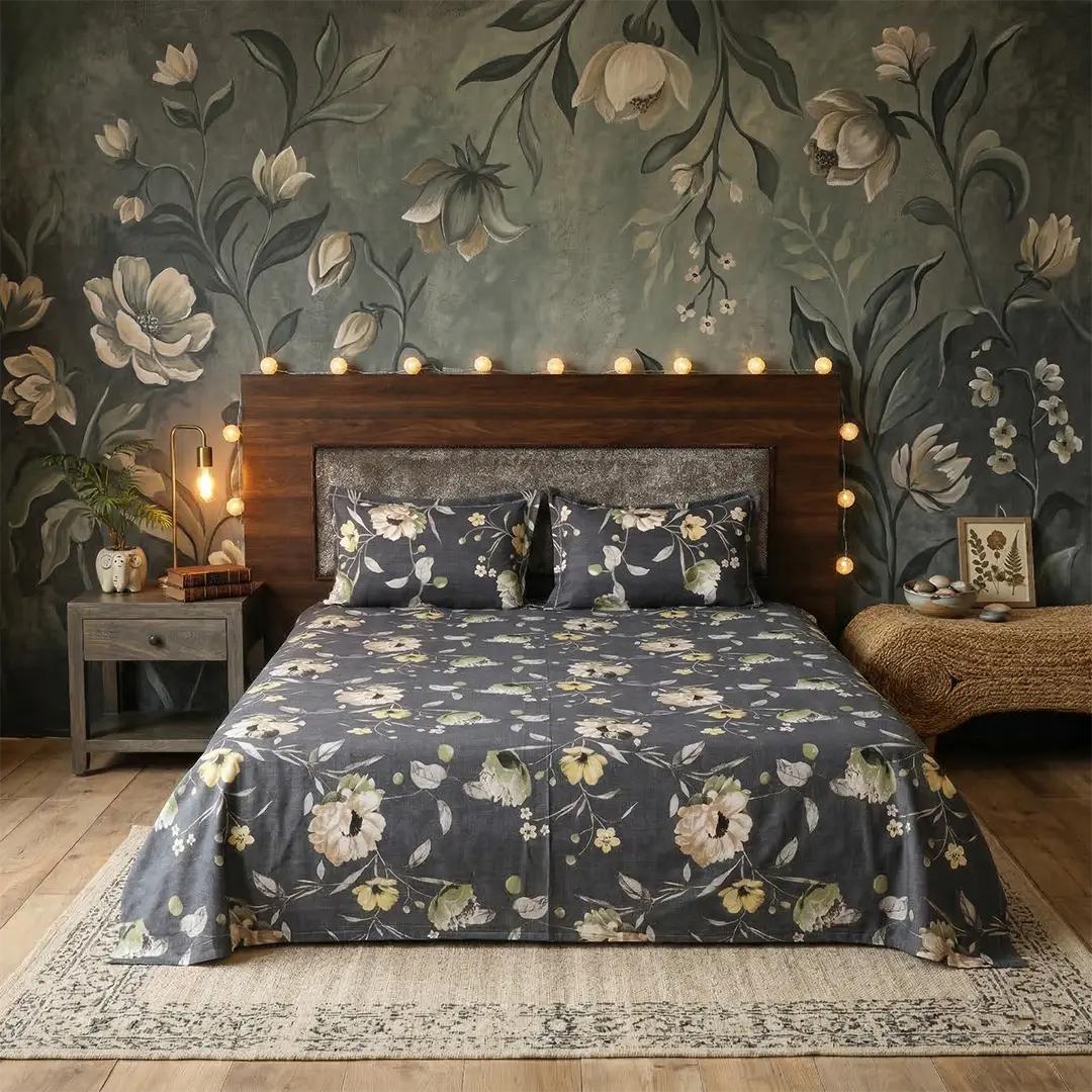 charcoal bloom king size bedsheet