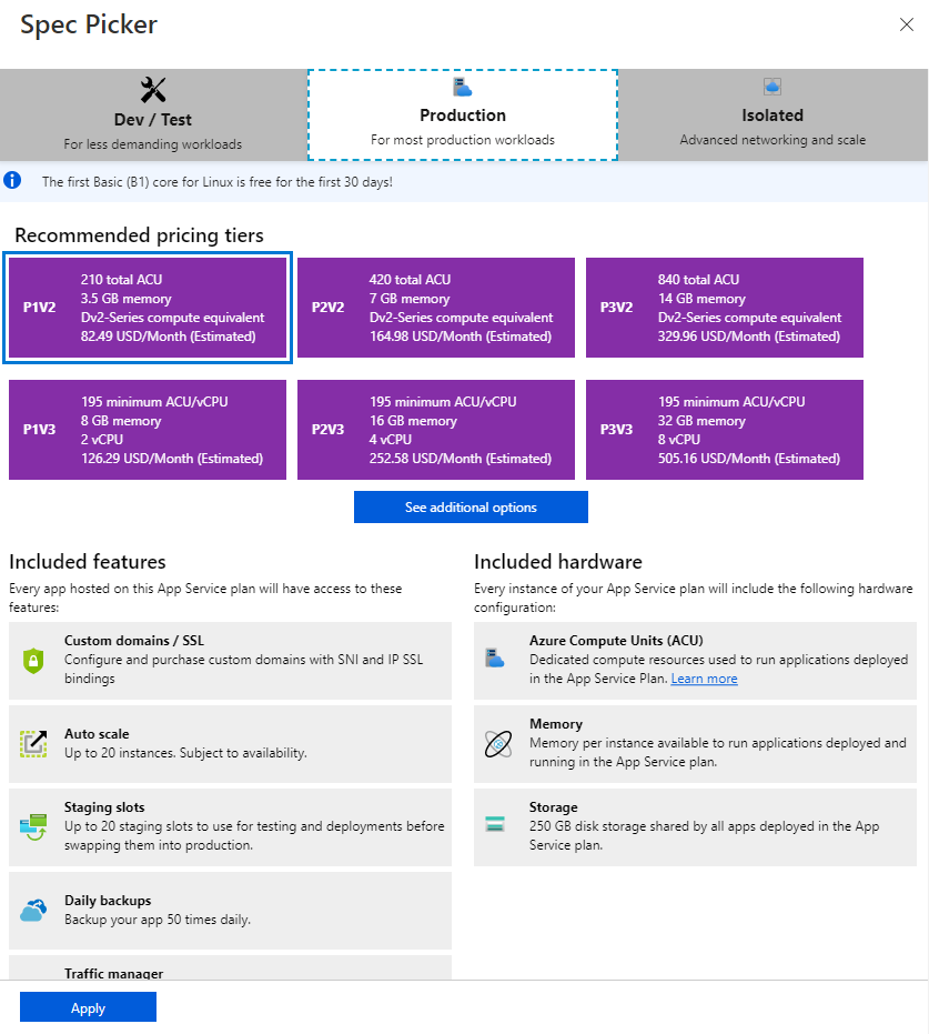 Azure App Service Spec picker