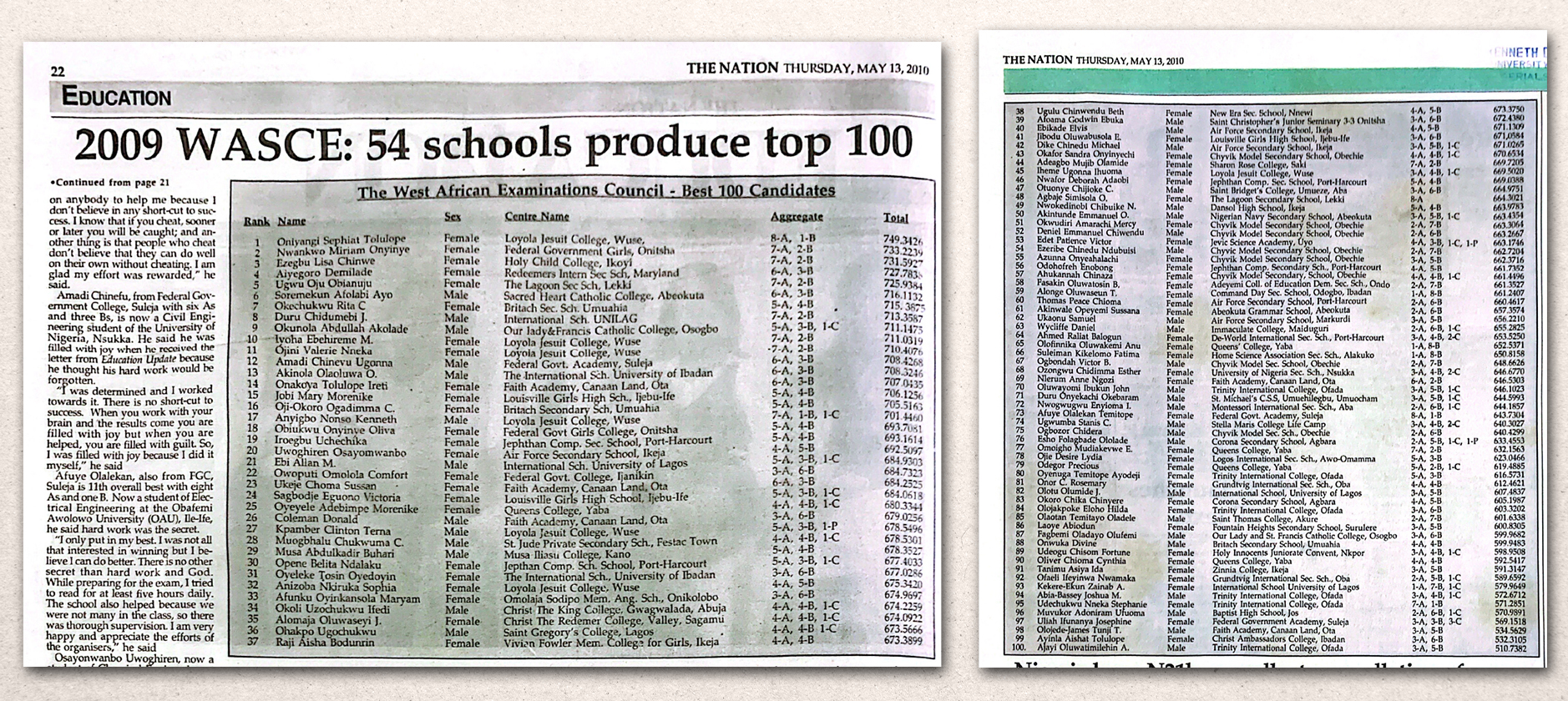 The newspaper page that contains the WAEC 100.