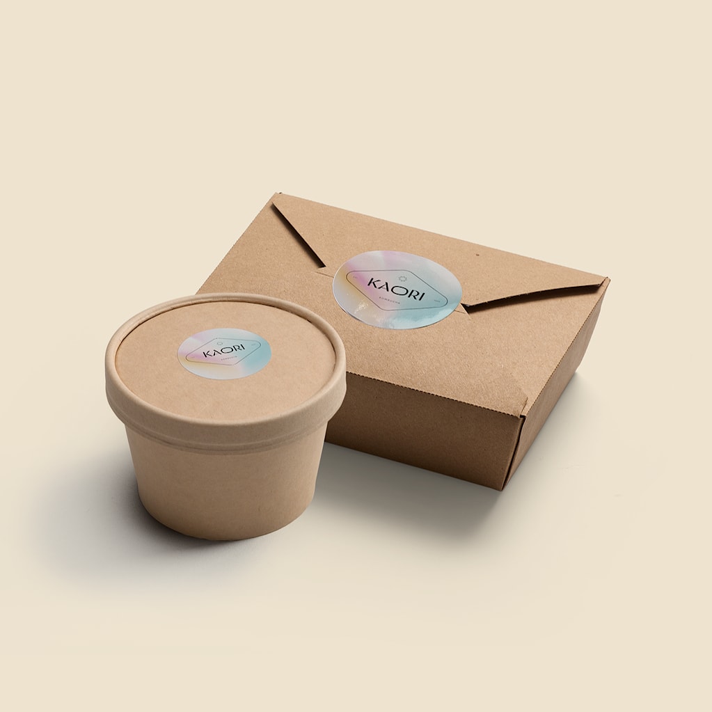 Simple eco-friendly food delivery cardboard pot and box with a branded sticker