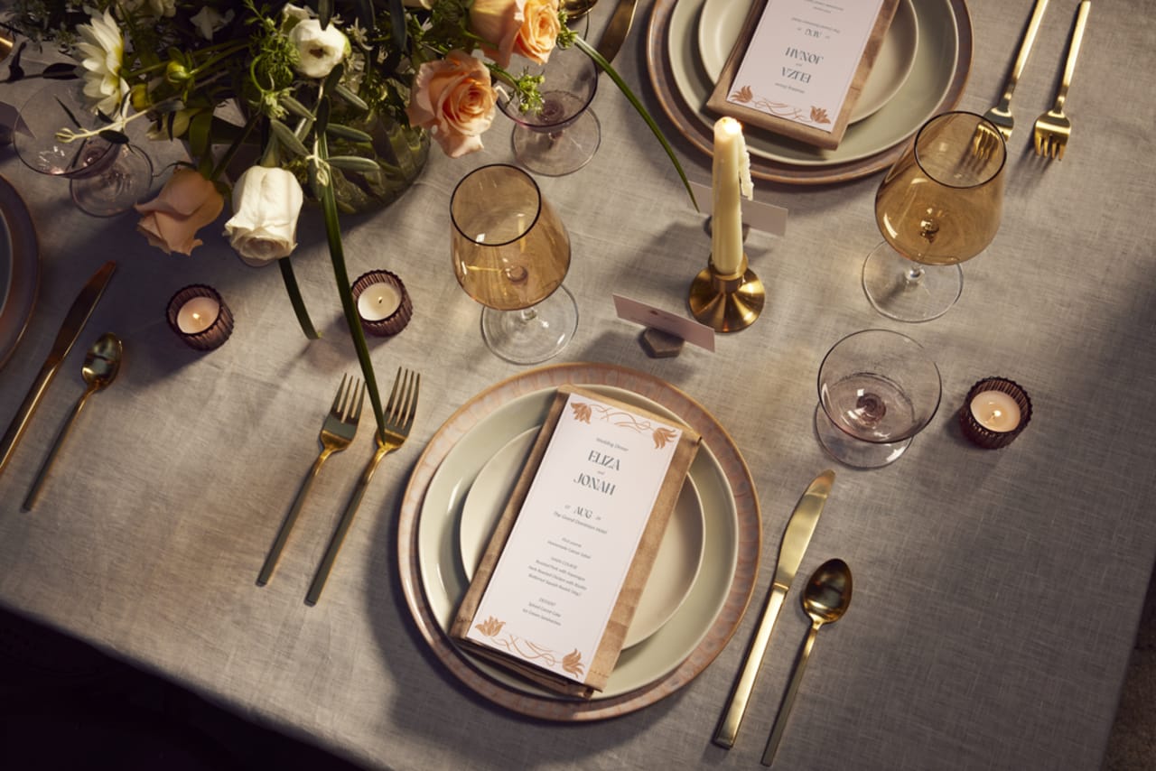 A wedding table setting in muted colors