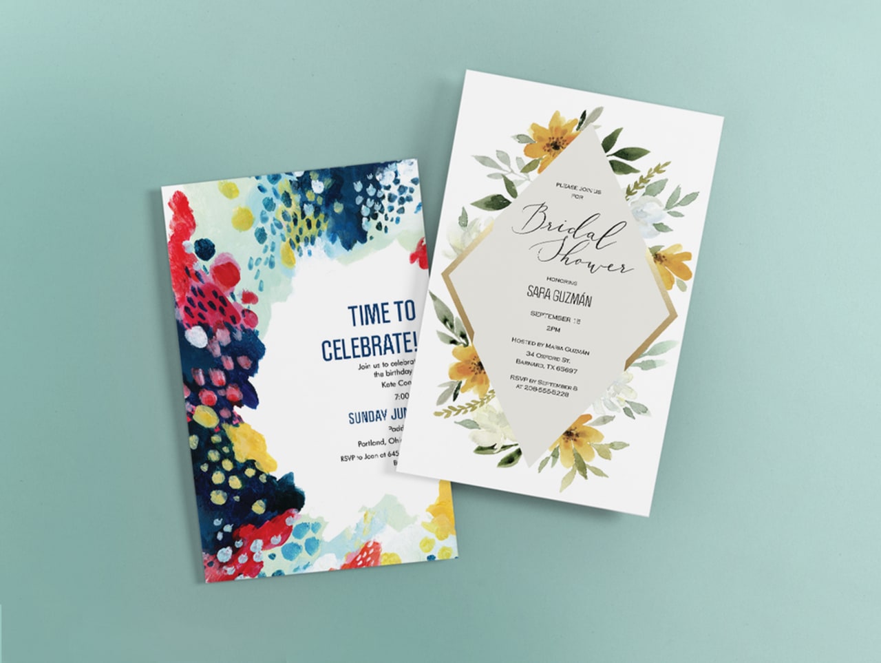 Wedding invites with floral and abstract designs