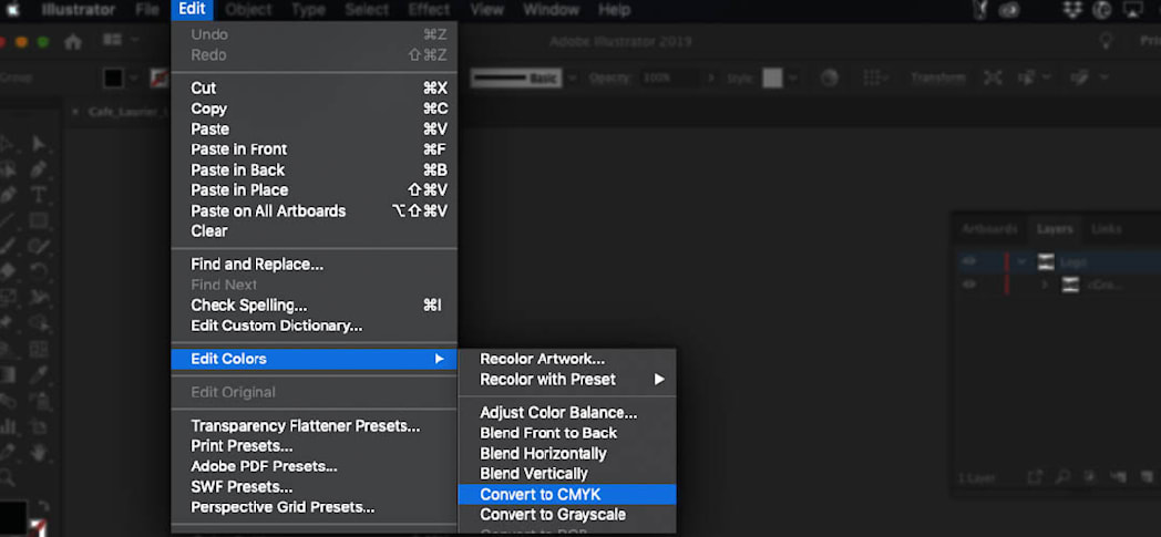 Screenshot showing how to convert an Illustrator document’s color mode