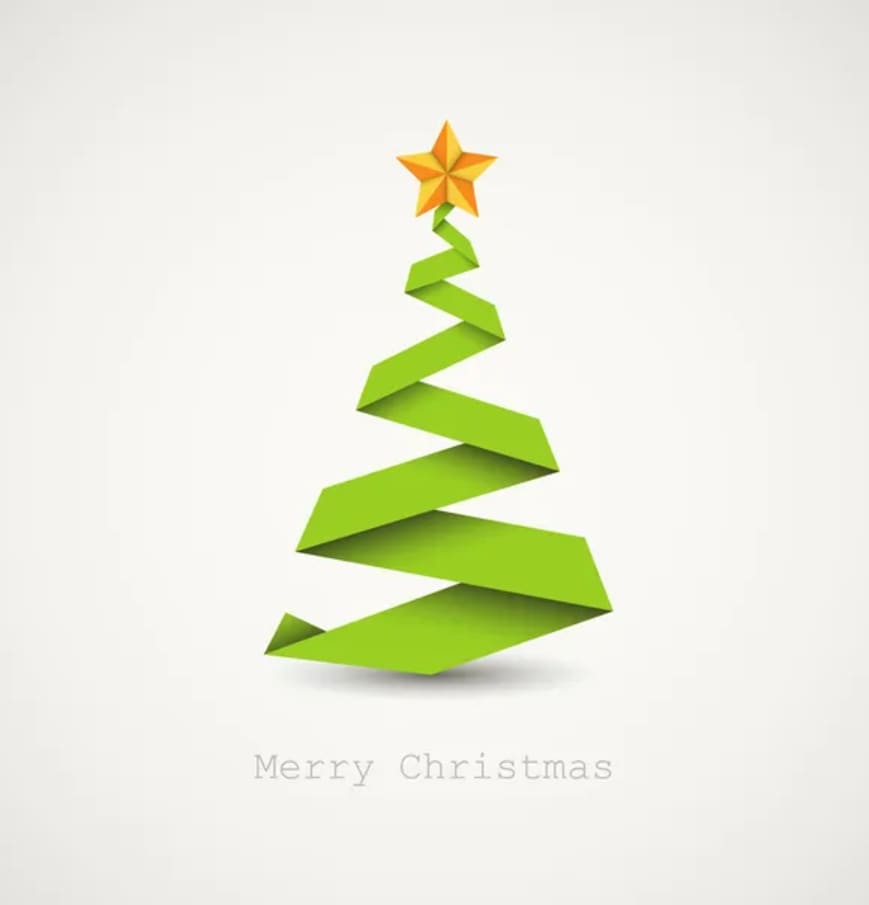 Minimalist Christmas card design featuring a green ribbon-like tree with a gold star above the words &ldquo;Merry Christmas.&rdquo;