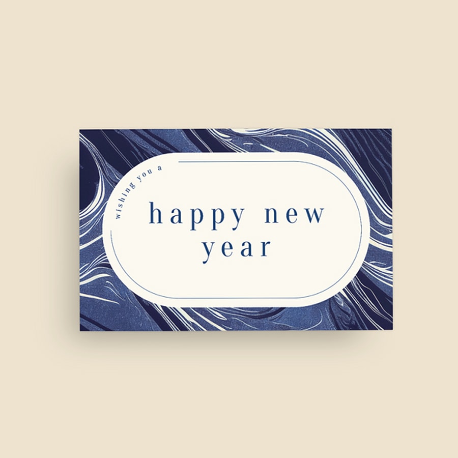Minimalist Happy New Year card with blue marbled borders and a simple navy greeting in the center.