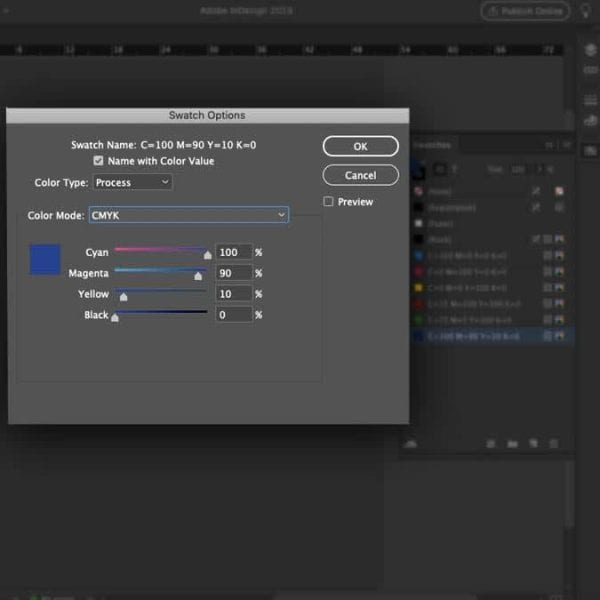 Adobe Illustrator-Bedienfeld f&uuml;r Farbfeldeinstellungen, das CMYK-Farbwerte zum Erstellen von druckfertigen Farbfeldern zeigt.