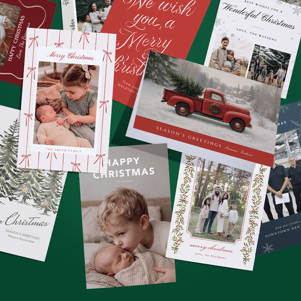 Collection of personalized Christmas cards featuring family photos, festive illustrations and Merry Christmas and Season’s Greetings messages.