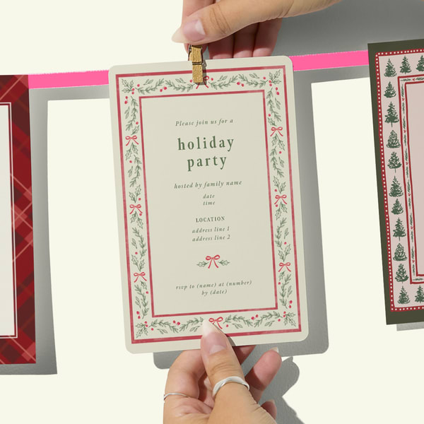 A custom holiday party invitation with ornate borders using festive imagery