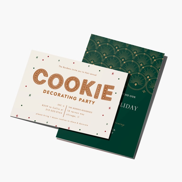 Two custom holiday invitation cards featuring a cookie decorating party design and a green festive pattern.