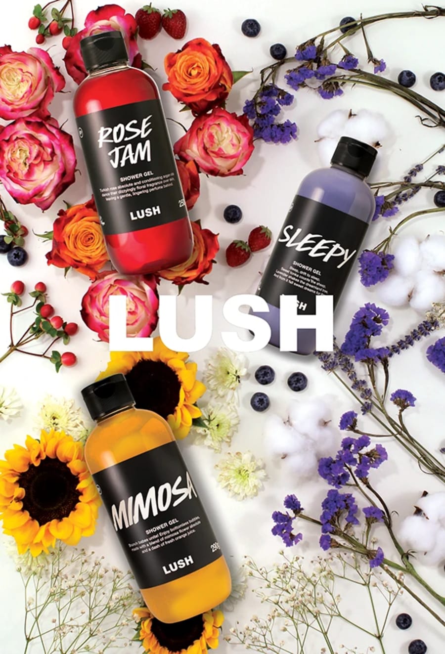 Lush branded products on background of botanicals
