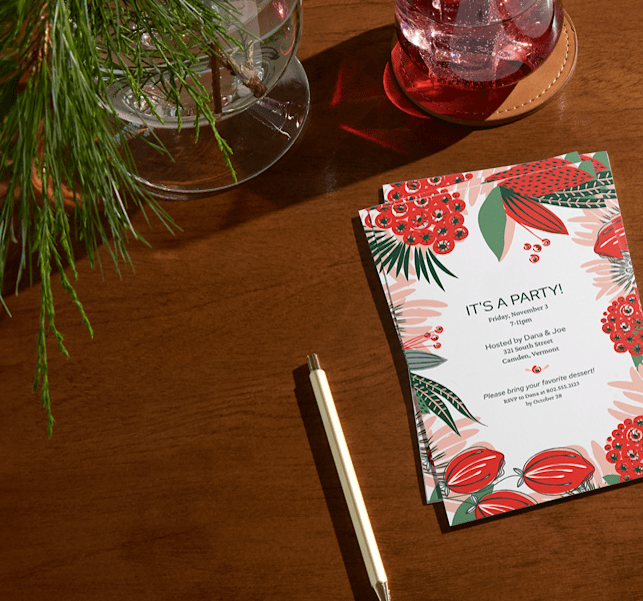 A custom home holiday party invitation card asking guests to bring their favorite dessert