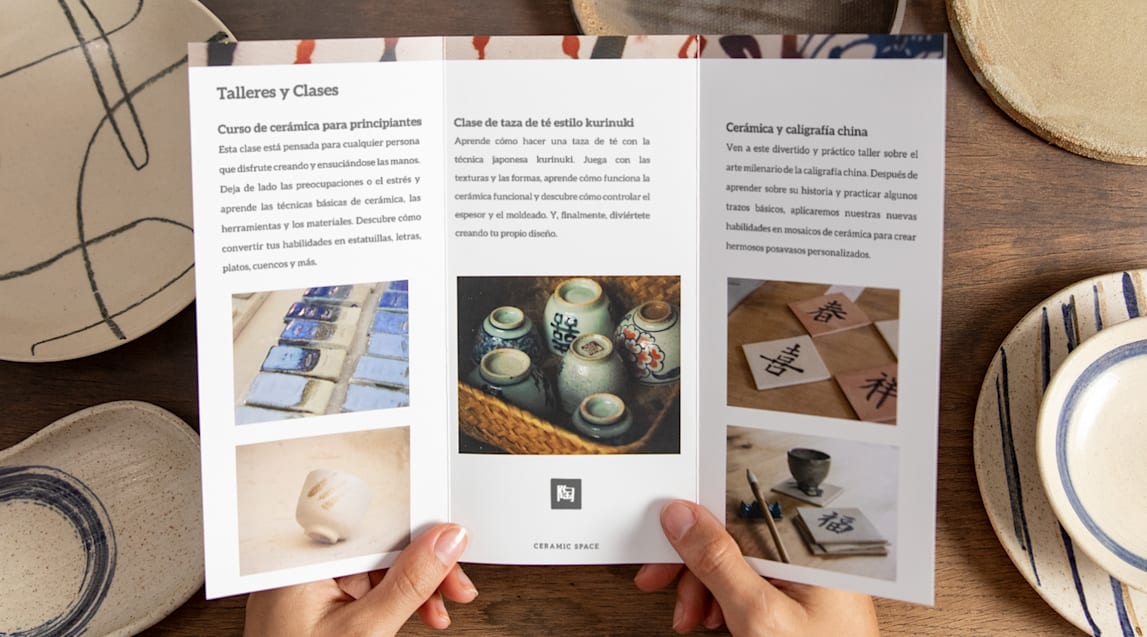 Ceramics class brochure displaying three sizes of font and photos of ceramics