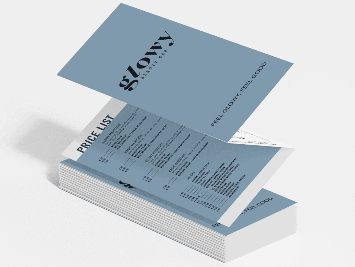 Glowy beauty bar blue and white z-fold brochure