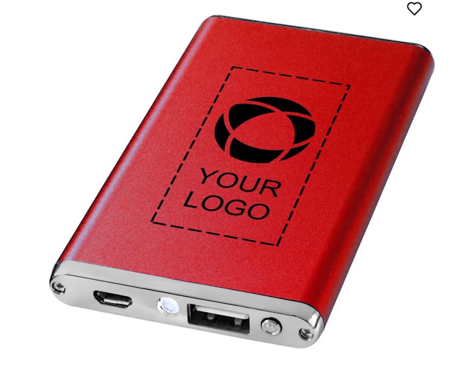 Template of red power bank with &ldquo;your logo&rdquo; imposed over the top