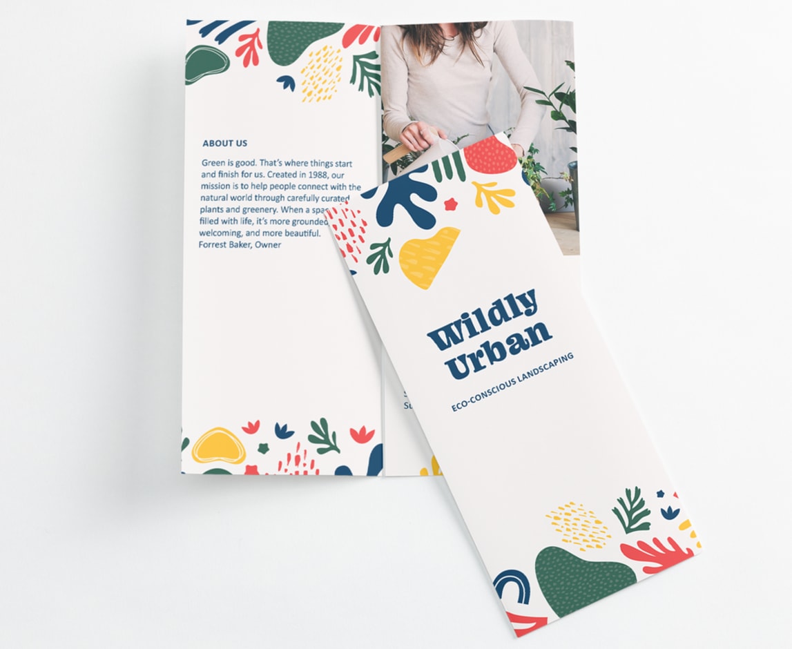 Bold and colorful pamphlet design with photography, illustrations and whitespace