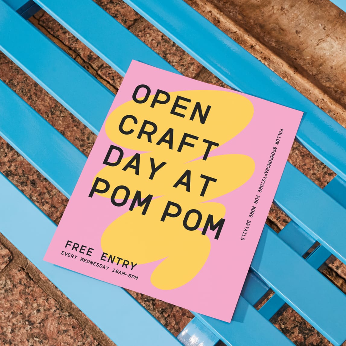 Simple flyer in pink and yellow with black capitalized sans serif font promoting open craft day