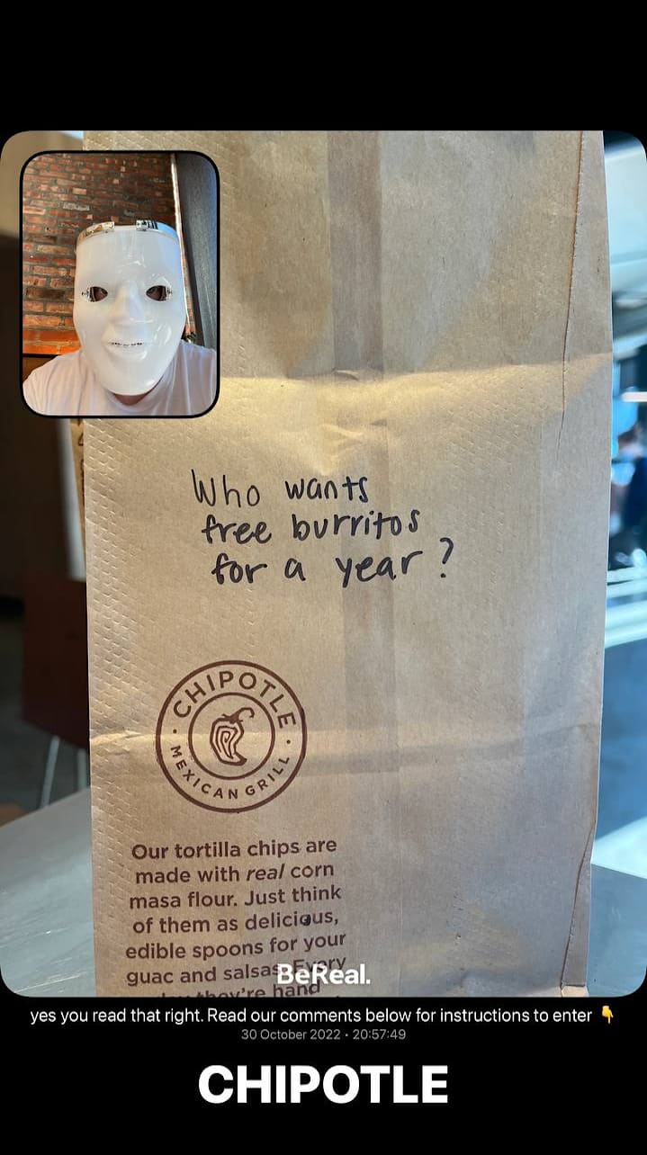 Chipotle&rsquo;s BeReal campaign: a BooReal contest with free burritos for a year as the main prize