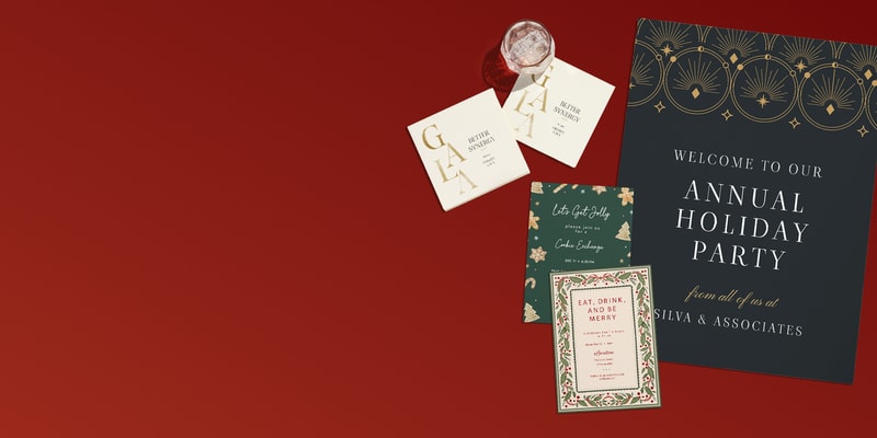 Custom business holiday party print materials, including a welcome sign, cocktail napkins and festive invitation cards.