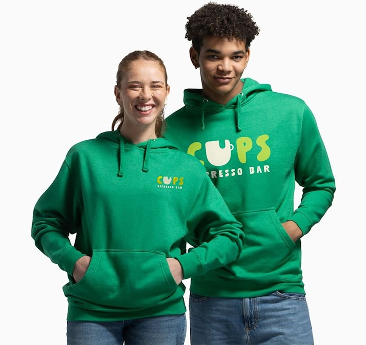 Two people wearing green hoodies with custom logos printed on the front