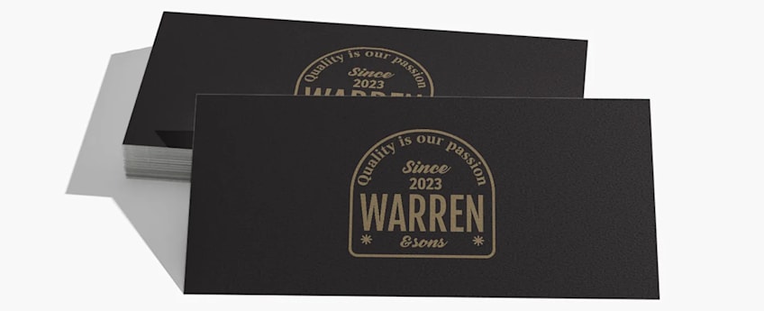 Black slim business cards with a minimalist gold logo design for Warren & Sons.