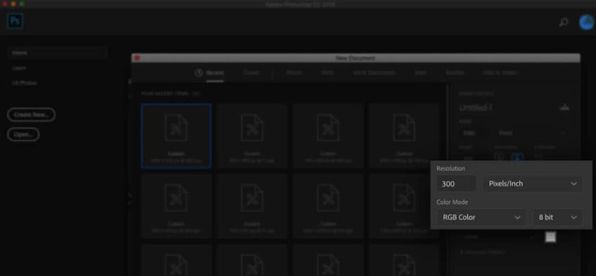 Adobe Photoshop-Fenster f&uuml;r neue Dokumente, das den RGB-Farbmodus und die Aufl&ouml;sungseinstellungen von 300&nbsp;dpi f&uuml;r digitales Design zeigt.
