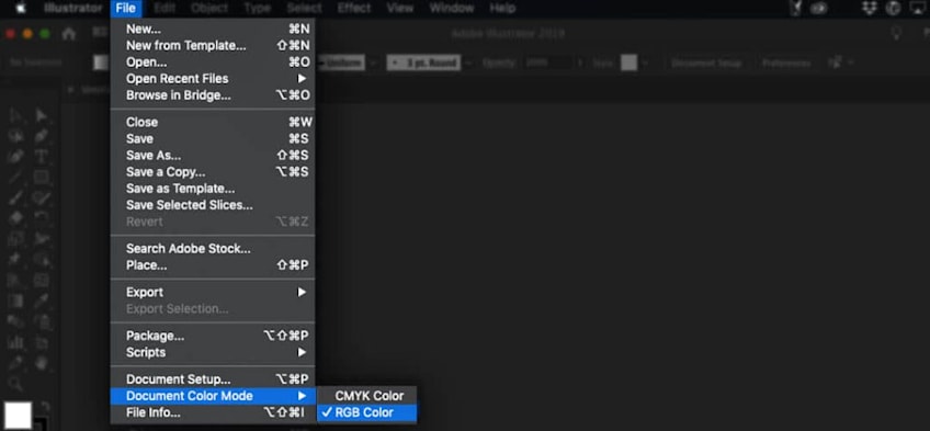 Adobe Illustrator-Dateimenü mit Optionen für den Dokumentfarbmodus, wobei RGB für digitale Designprojekte ausgewählt ist.