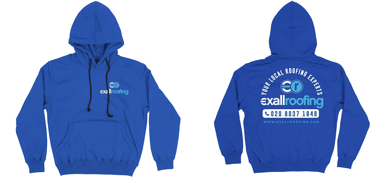 Pullover hoodie design with a small logo on the front and contact details on the back