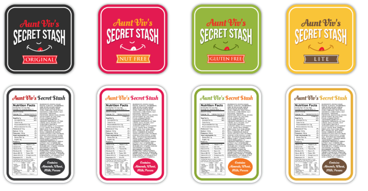 Colorful snack packaging labels showing multiple flavor variations with nutrition facts panels and allergen information on the back design.