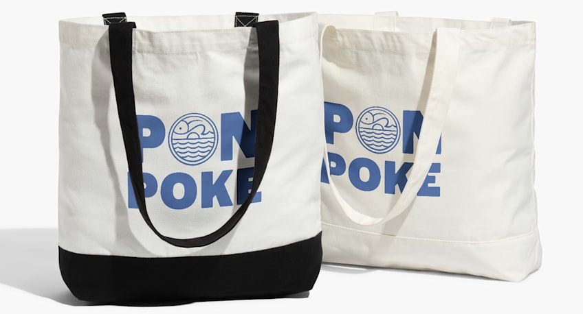 Two tote bags with a blue pon poke logo design, employee holiday gift ideas