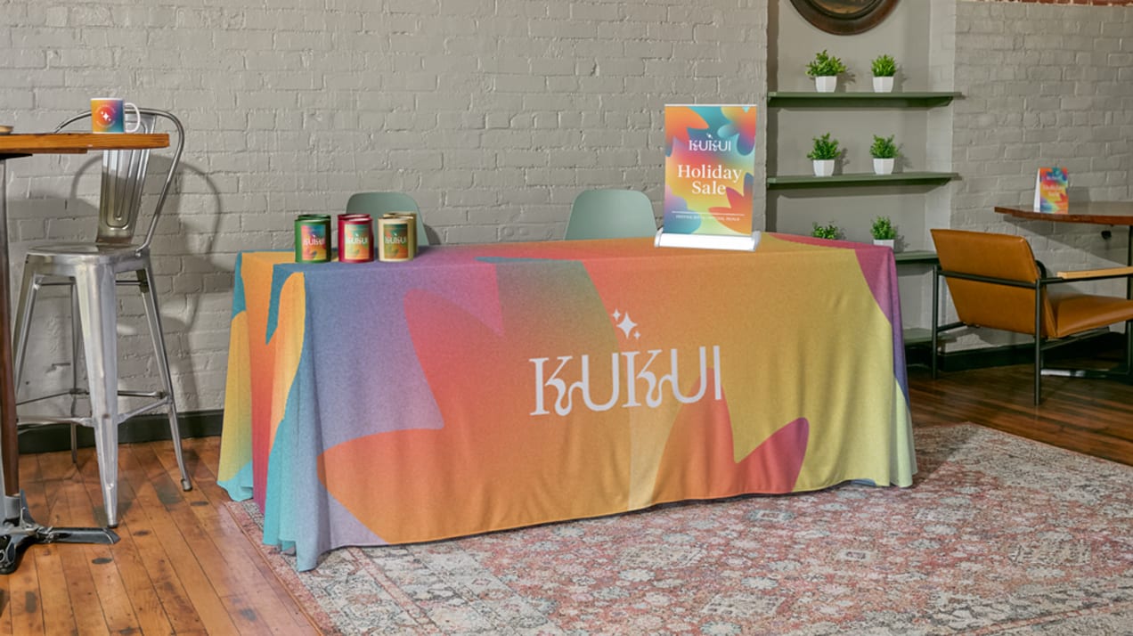 An event display for a brand using bold, multicolored branding
