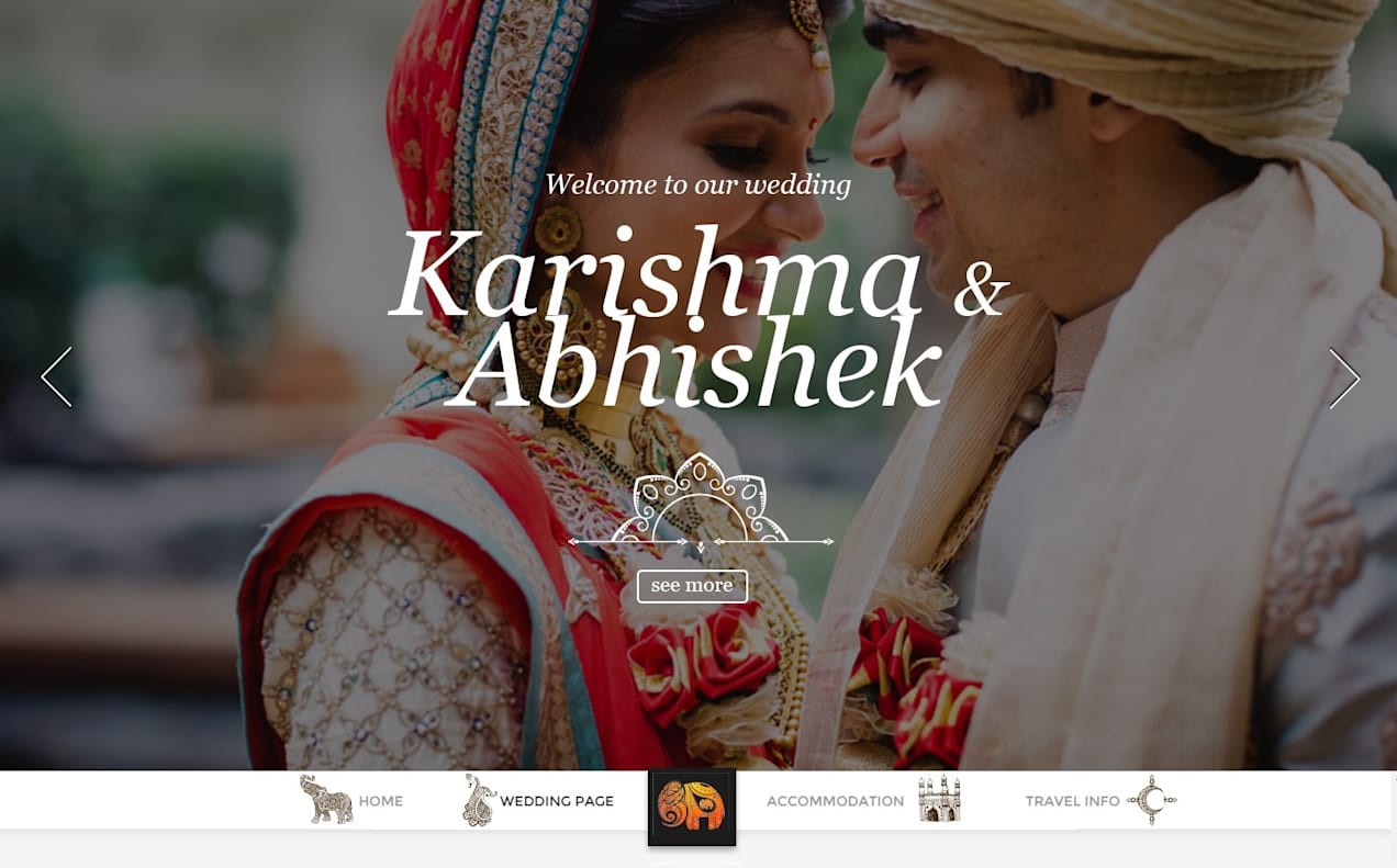 Wedding website design with a large hero image and key details
