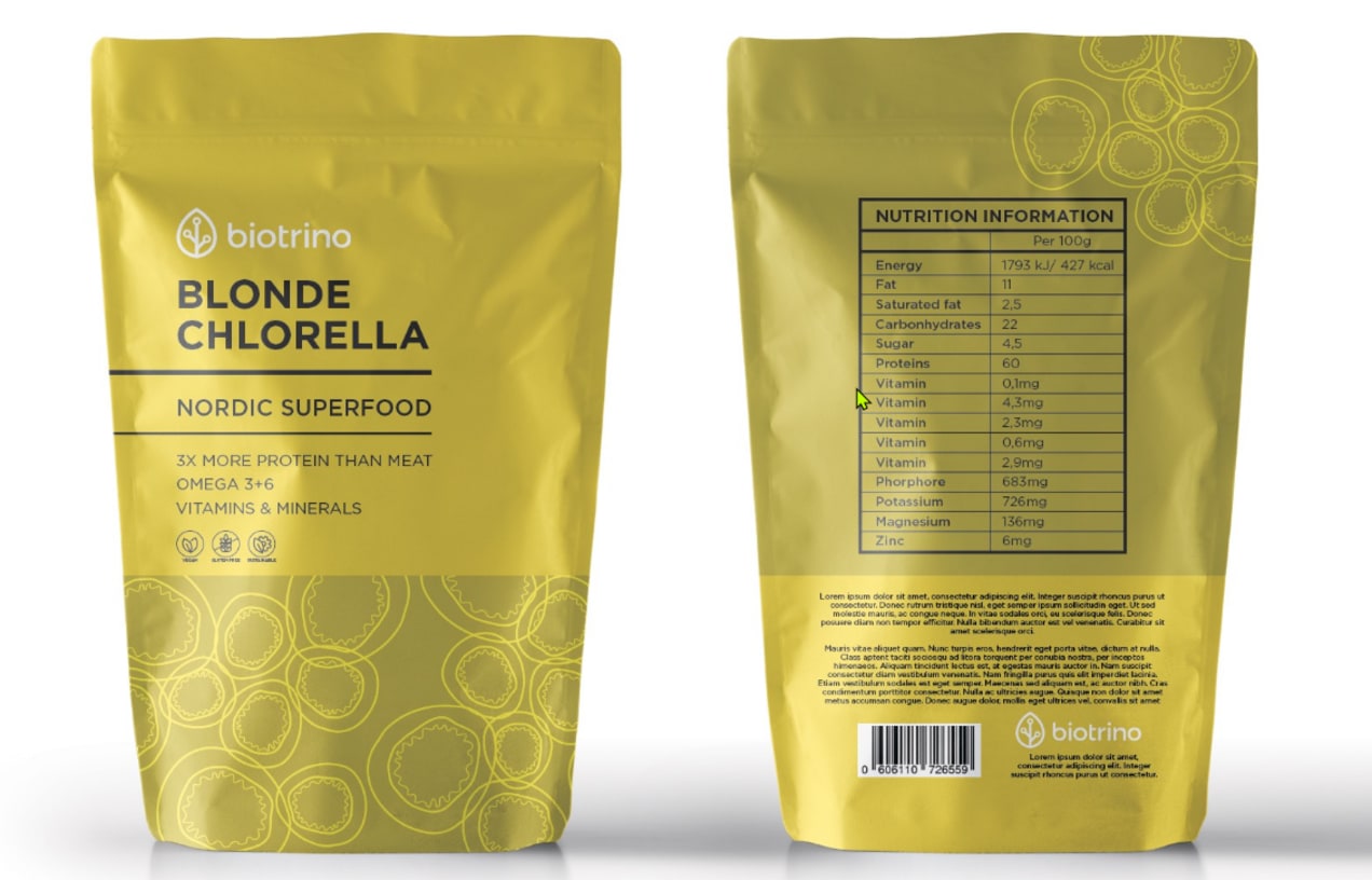 Front and back views of a yellow stand-up food pouch packaging design for Blonde Chlorella Nordic Superfood by Biotrino, the back displays a nutrition information panel, barcode, product details and matching decorative graphics.