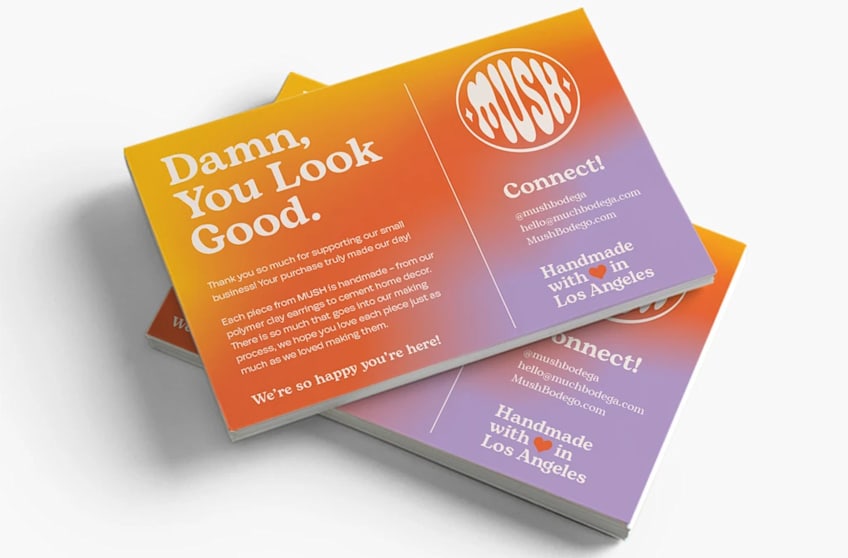 Thank you cards for a jewelry business shifting from orange to purple with the business’s logo and story.