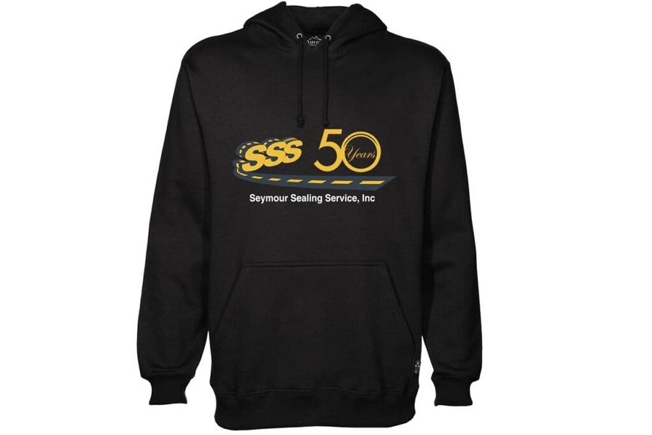 Pullover hoodie design with text celebrating a company milestone of fifty years