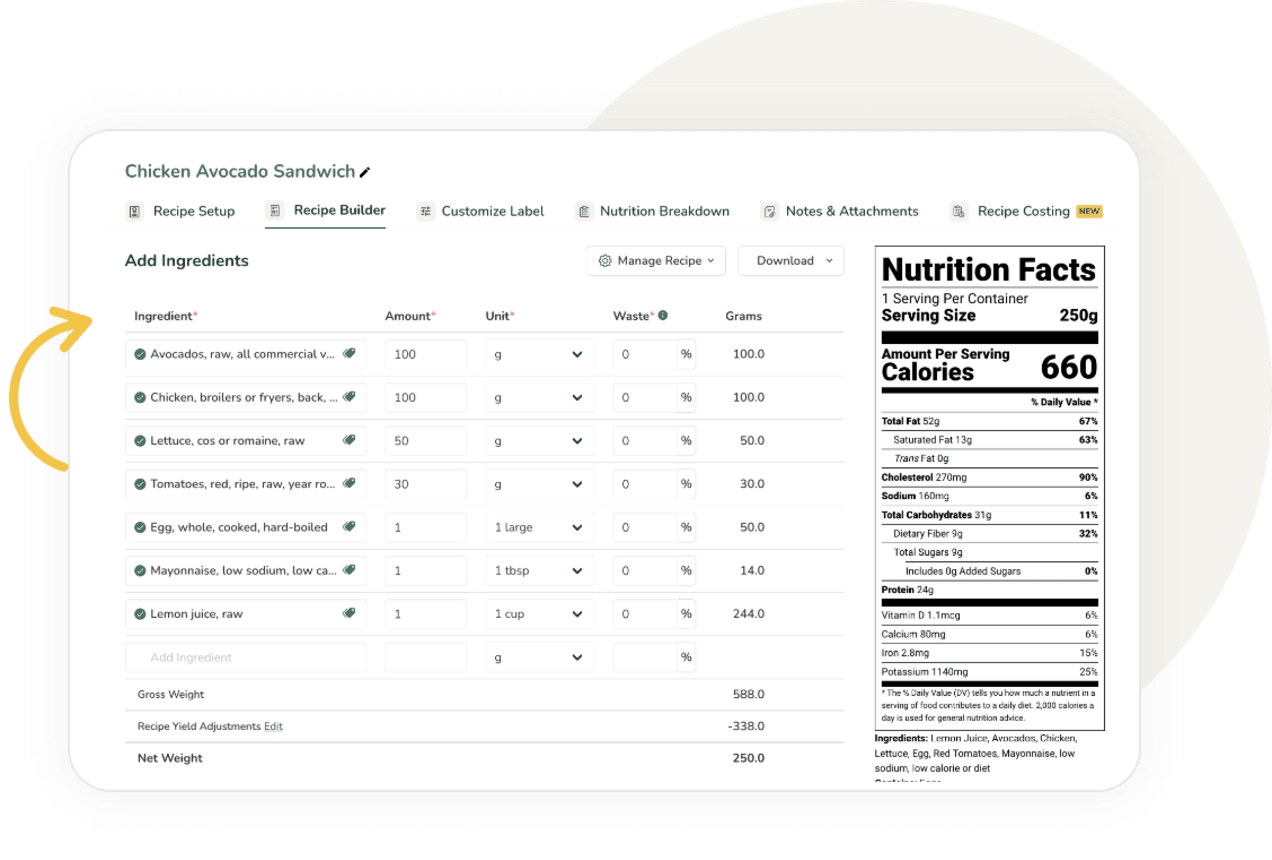 Screenshot of food nutrition label software showing a recipe builder interface with ingredient inputs, quantities and an automatically generated Nutrition Facts panel.
