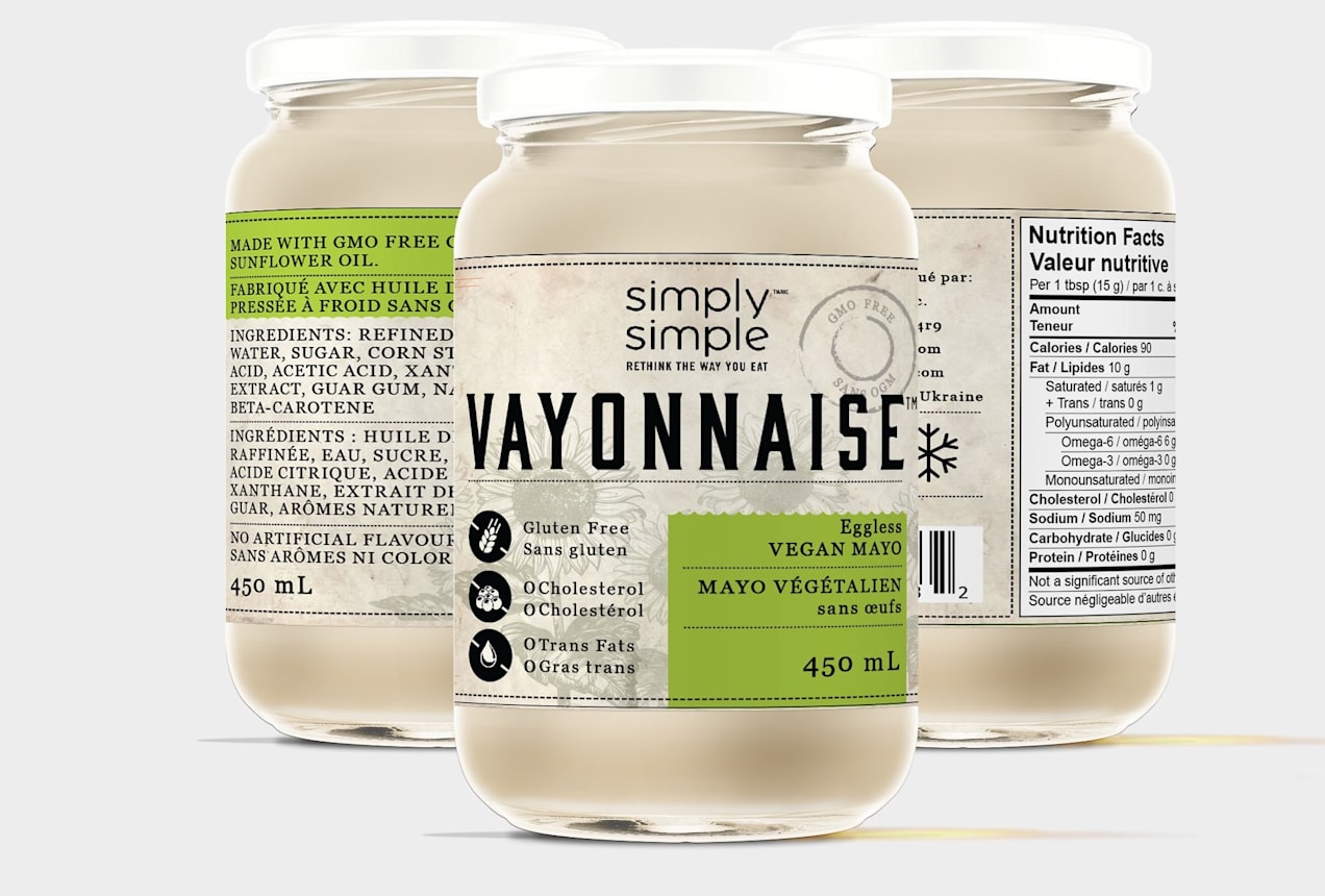 Minimalist vegan mayonnaise jar labels with nutrition facts information, ingredient lists and product claims integrated into clean packaging.