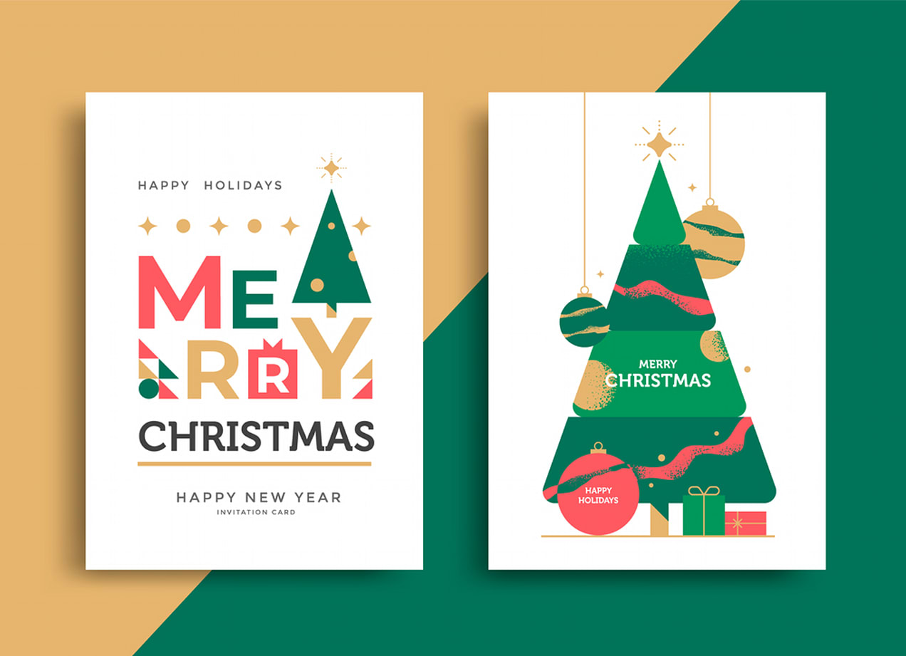 Example of Christmas card with modern and colorful graphics and greetings for “Happy Holidays,” “Merry Christmas,” and “Happy New Year.”