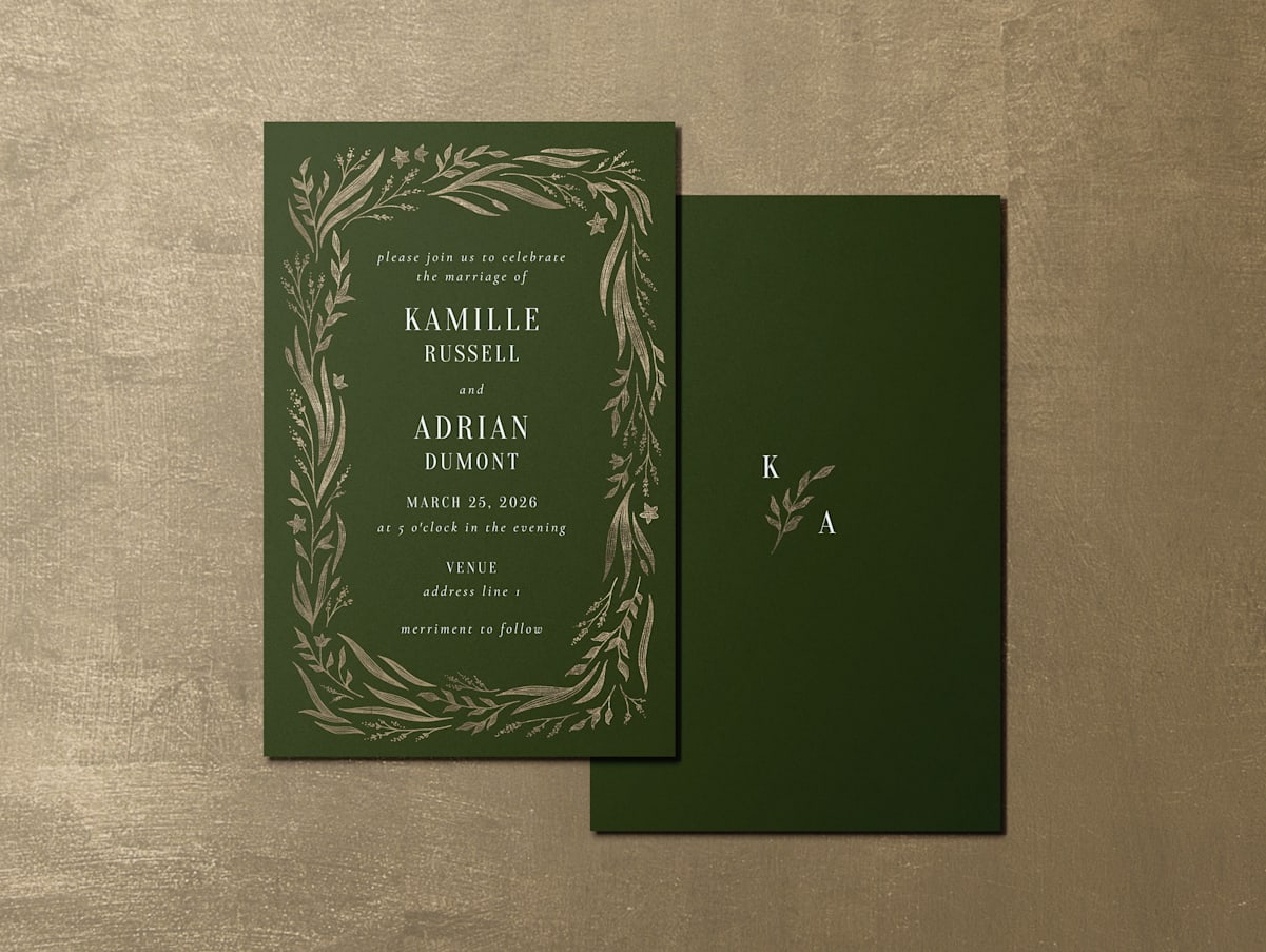 Green, sleek printed wedding invitation.
