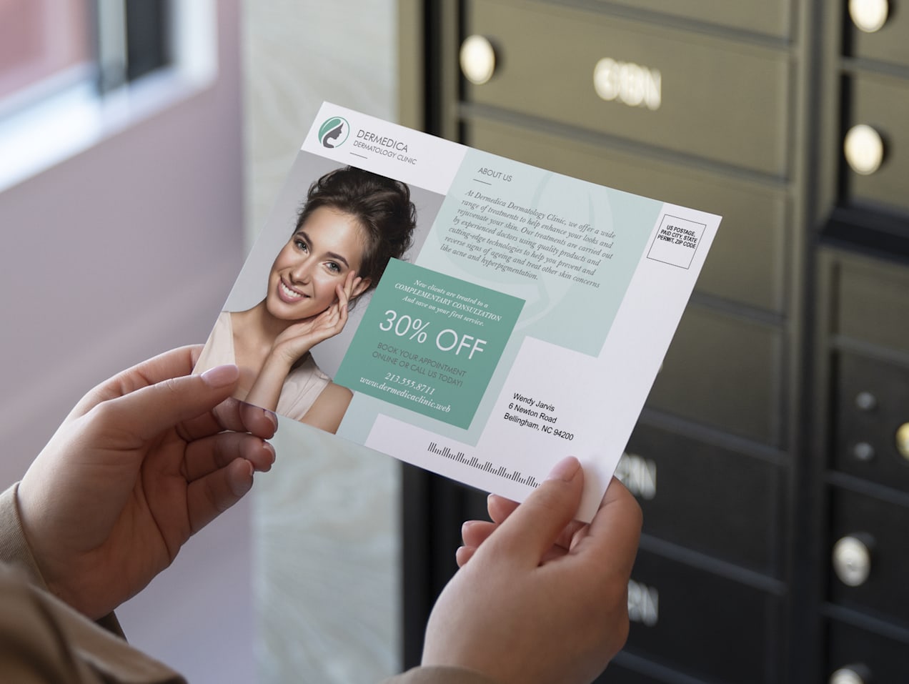 A person holding a direct mail print marketing asset with a 30% off offer from a dermatology clinic
