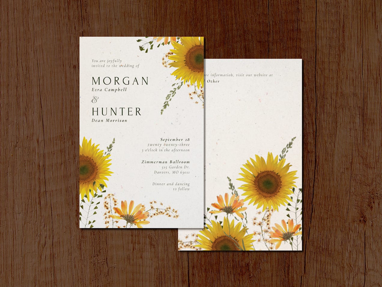 A formal wedding invite with sunflowers