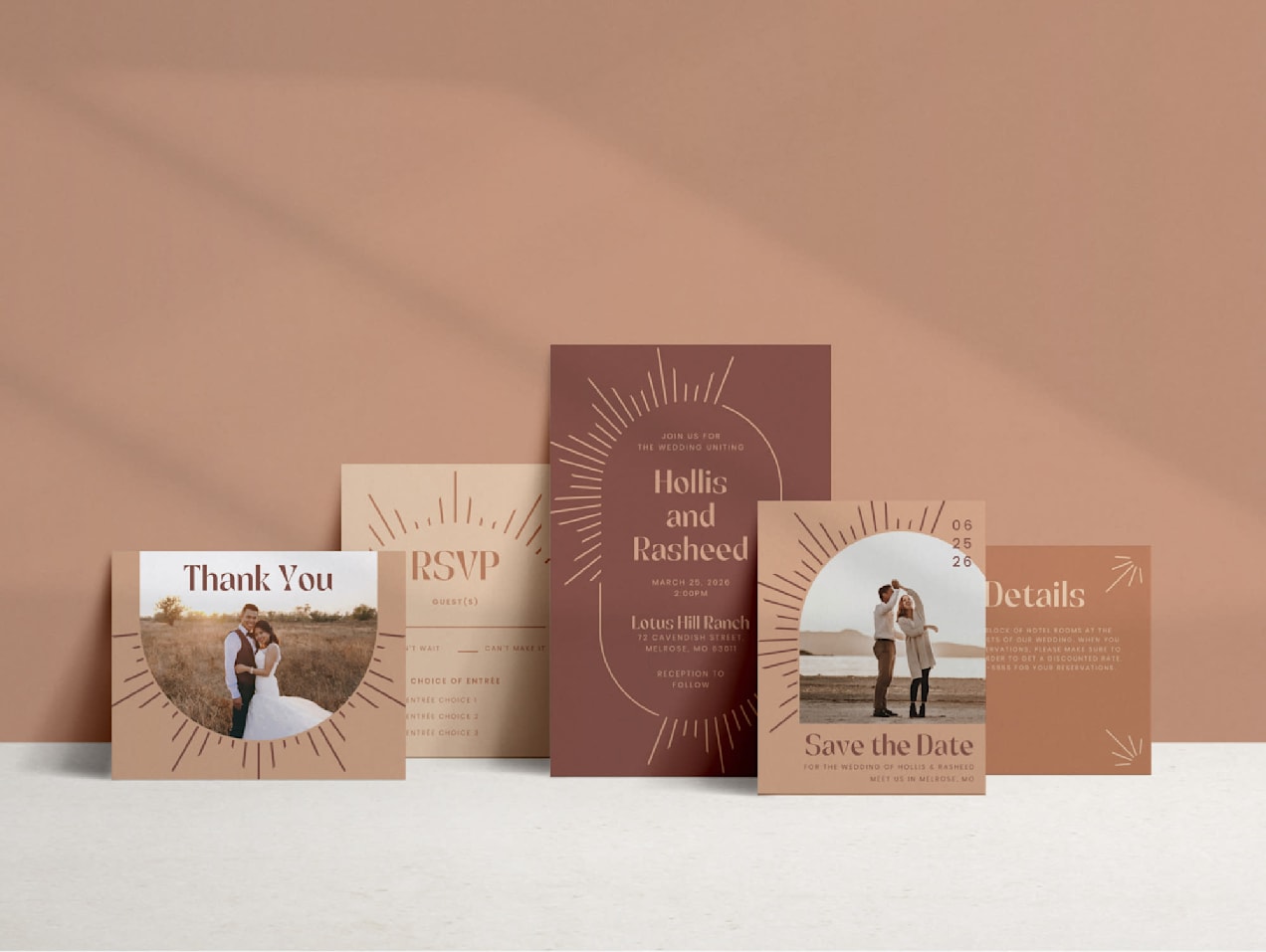 A set of wedding invites, save the date and RSVP cards in warm browns and reds, featuring photos.