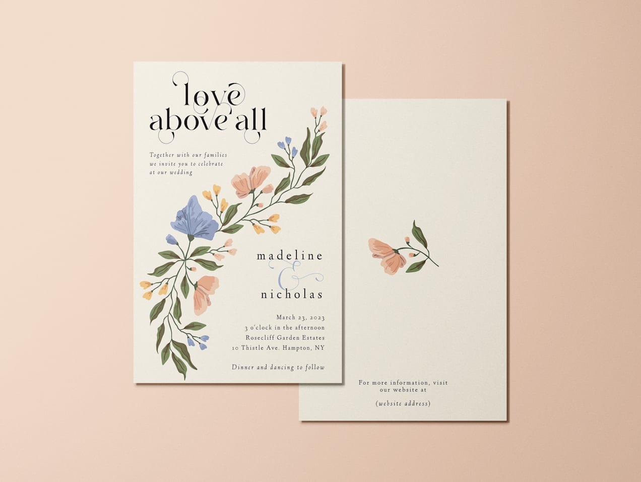 Whimsical printed invitation with floral design.