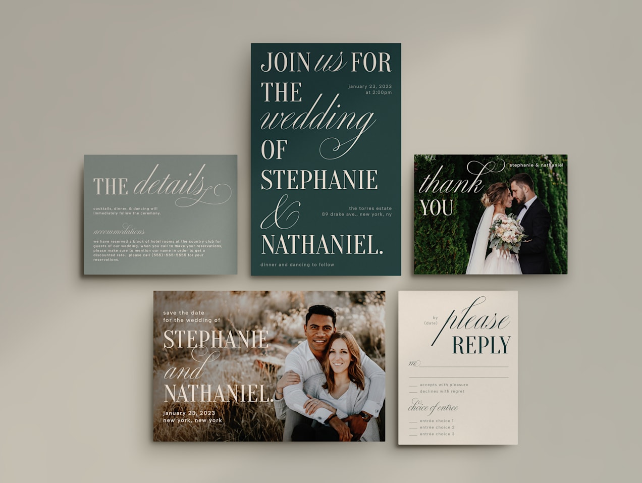 Wedding materials with matching theme including save the date, RSVP, invitation and thank you card