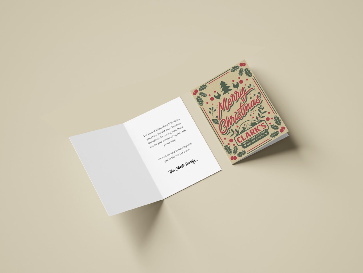 Open business Christmas card with a vintage “Merry Christmas” cover and a printed thank-you message for customers and partners inside.