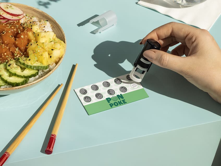 Business card with reward scheme stamps for Poke bowl restaurant
