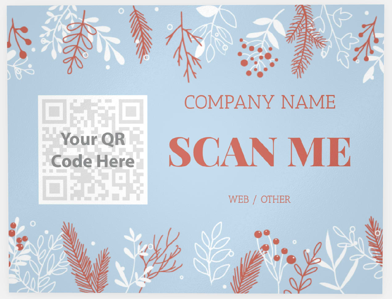 Custom holiday card featuring a QR code framed by illustrated winter branches and berries in soft blue and red.