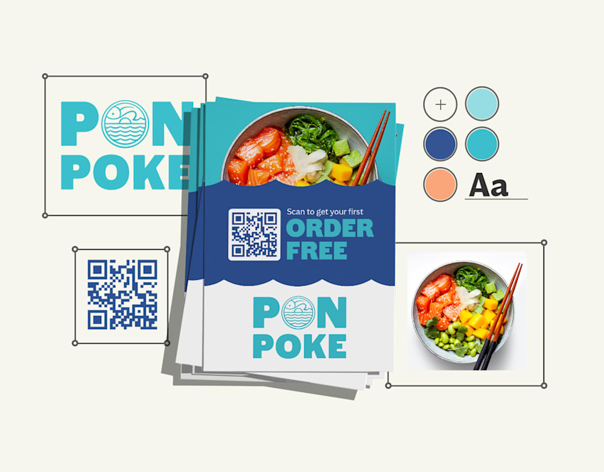 A brand guide including logos, brand colors, a QR code, a flyer and an image of a poke bowl served by the business