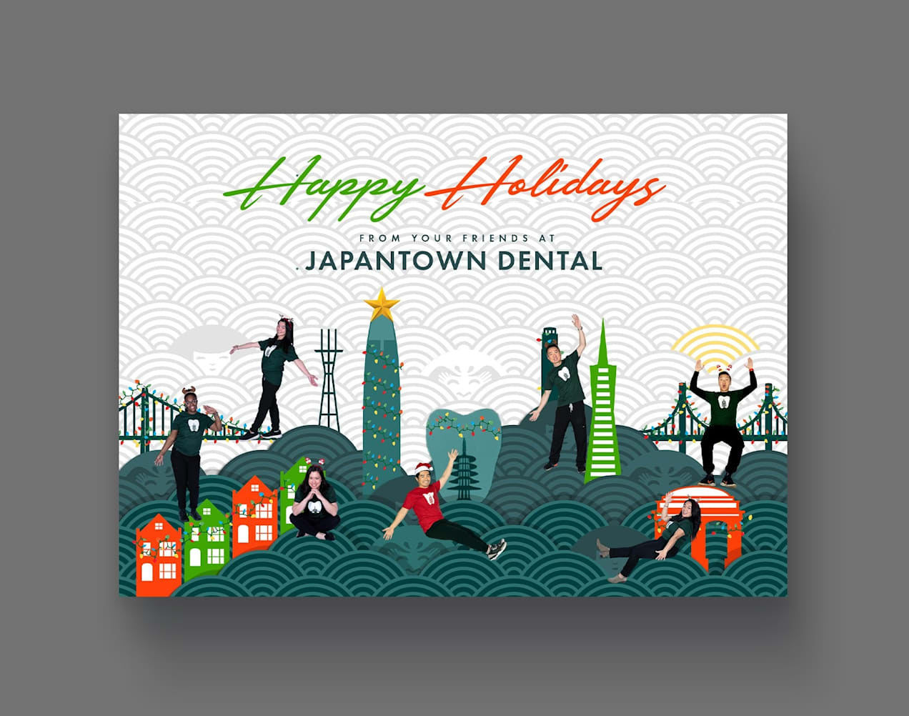 Business holiday card for Japantown Dental featuring team members posed among illustrated San Francisco landmarks and Christmas lights.
